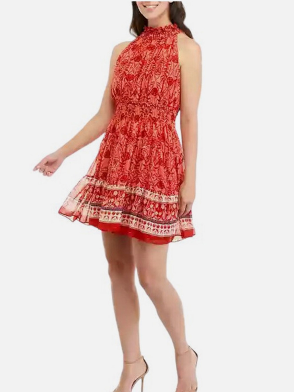 Taylor Woman's Printed Mock Neck Dress in Rustic Coralโ